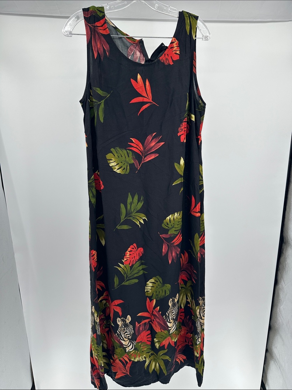 Sheri Martin Black Maxi Dress with Red & Green Tropical Leaves
